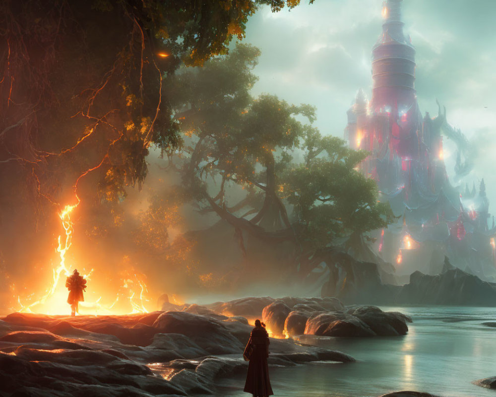 Mysterious cloaked figure on rocky shore gazes at glowing tower and fiery portal in ethereal forest