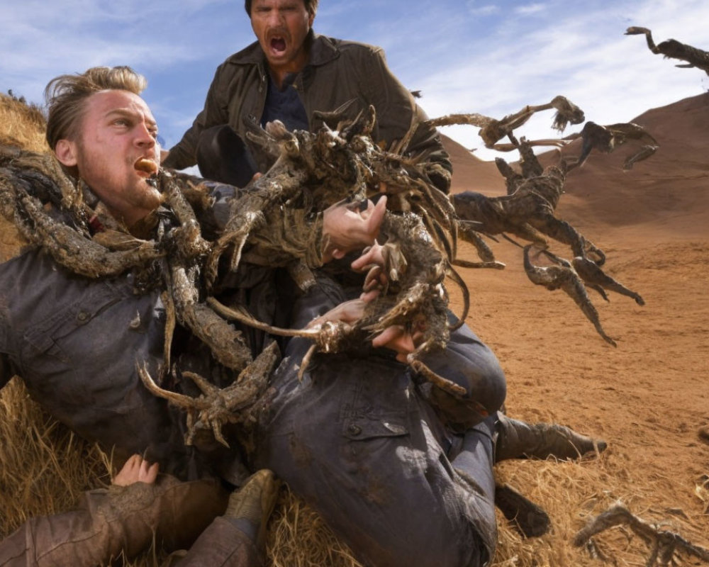 Men in distress on ground, tangled in branches, horror-stricken, with flying creatures in desert setting