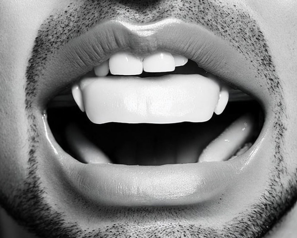 Detailed grayscale close-up of person's teeth and stubble.