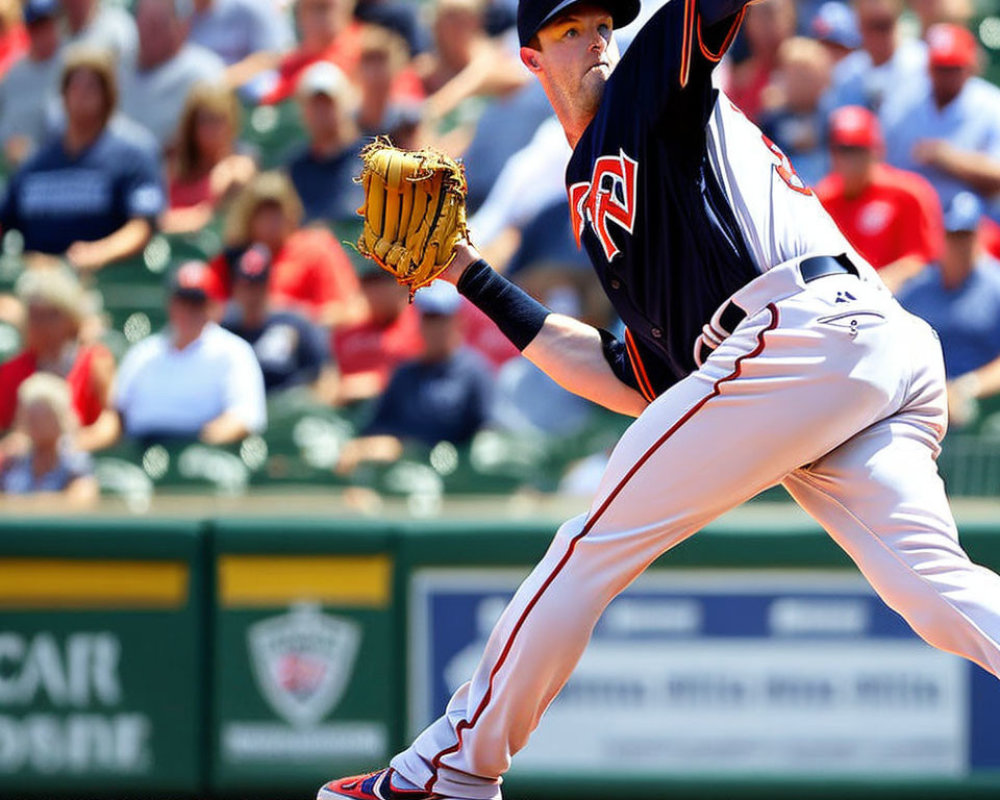 Baseball pitcher in red and navy uniform mid-throw.