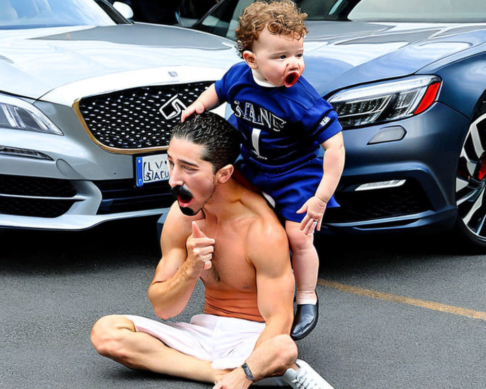 Bearded man pretends to be a horse for toddler on street with luxury cars