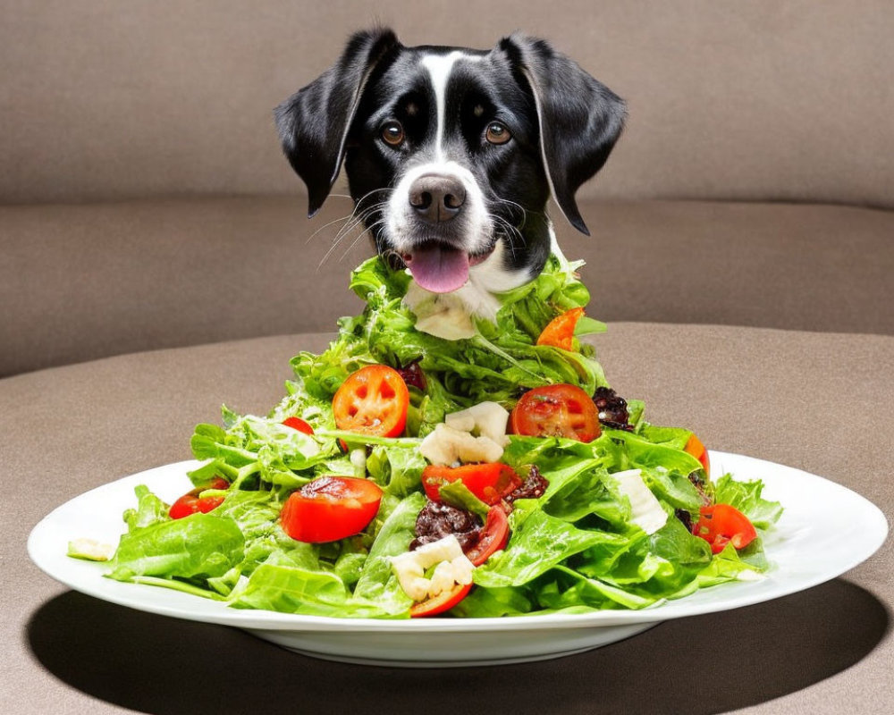 Dog's head photomanipulated on garden salad with tomatoes and greens on white plate