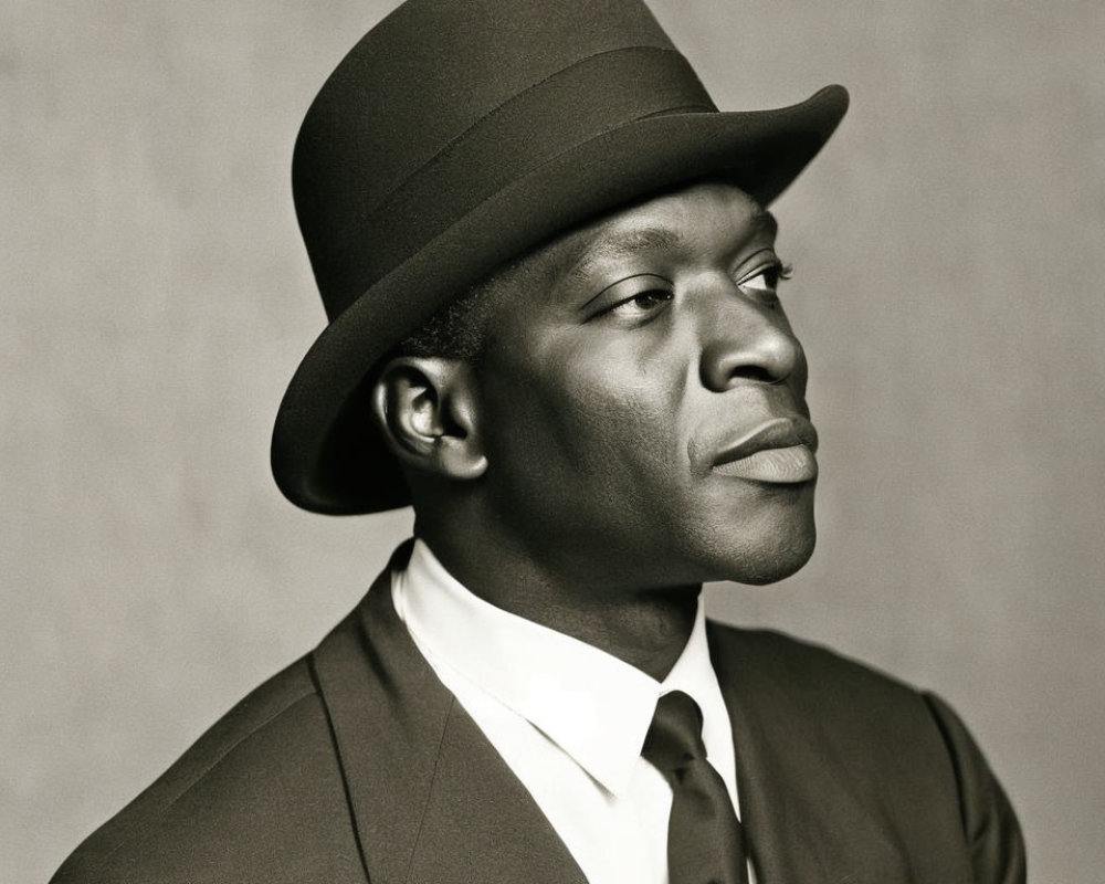 Monochrome portrait of a serious man in suit and hat