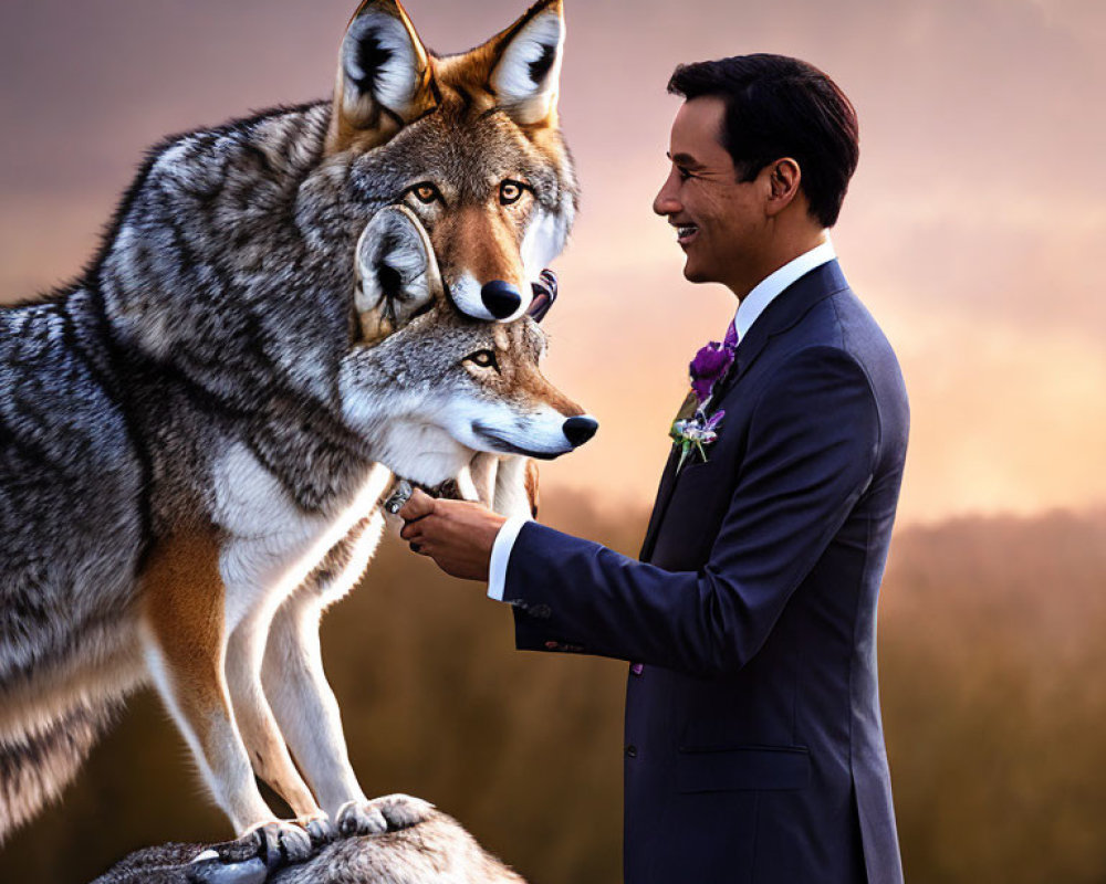 Man in suit interacting with large wolf under twilight sky