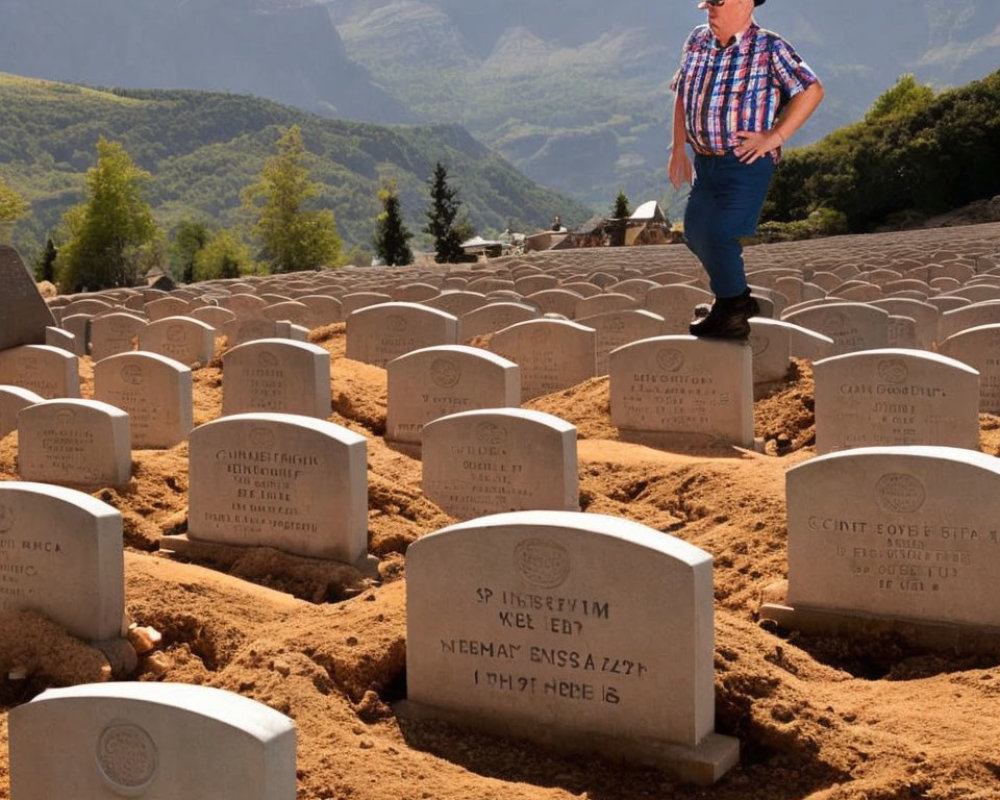 Man in Hat Walking Among Rows of Gravestones with Mountains