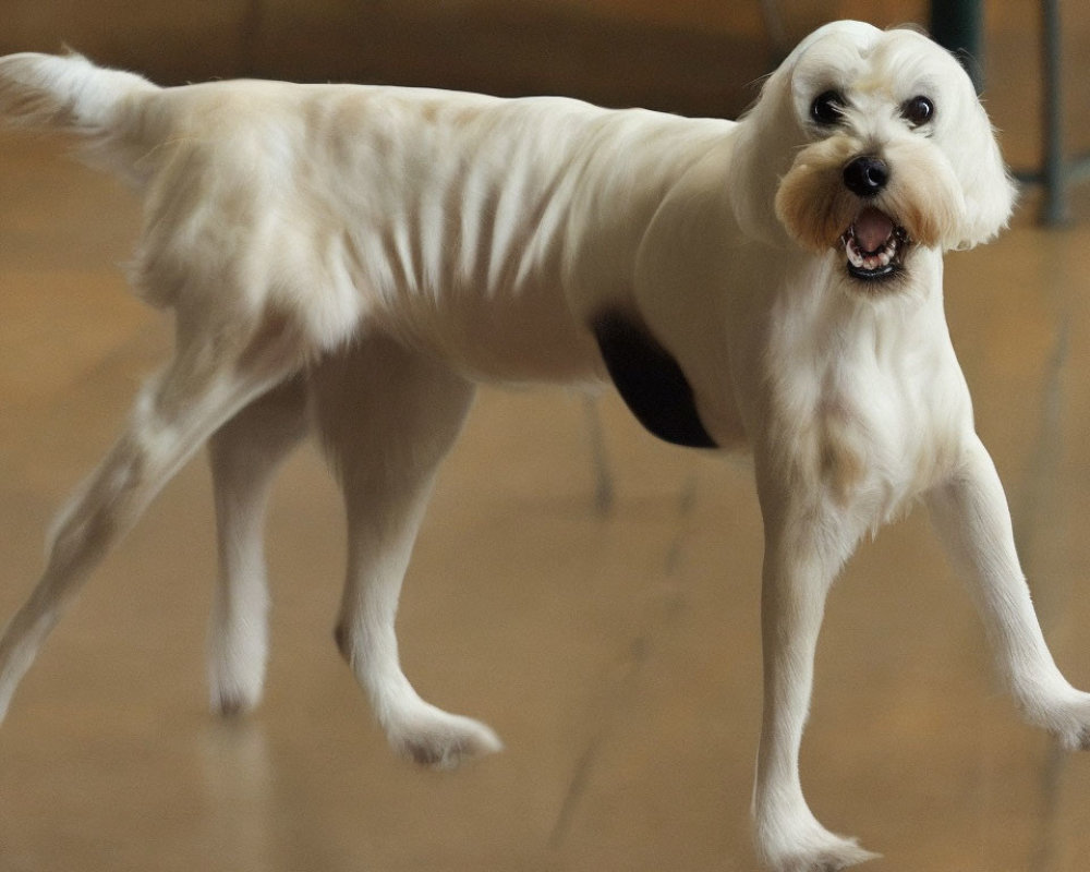 White Dog with Black Spot Holding Ball Indoors