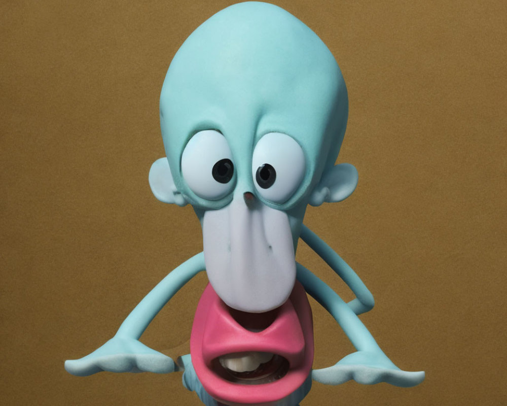 Blue animated character with oversized eyes and pink mouth on brown background