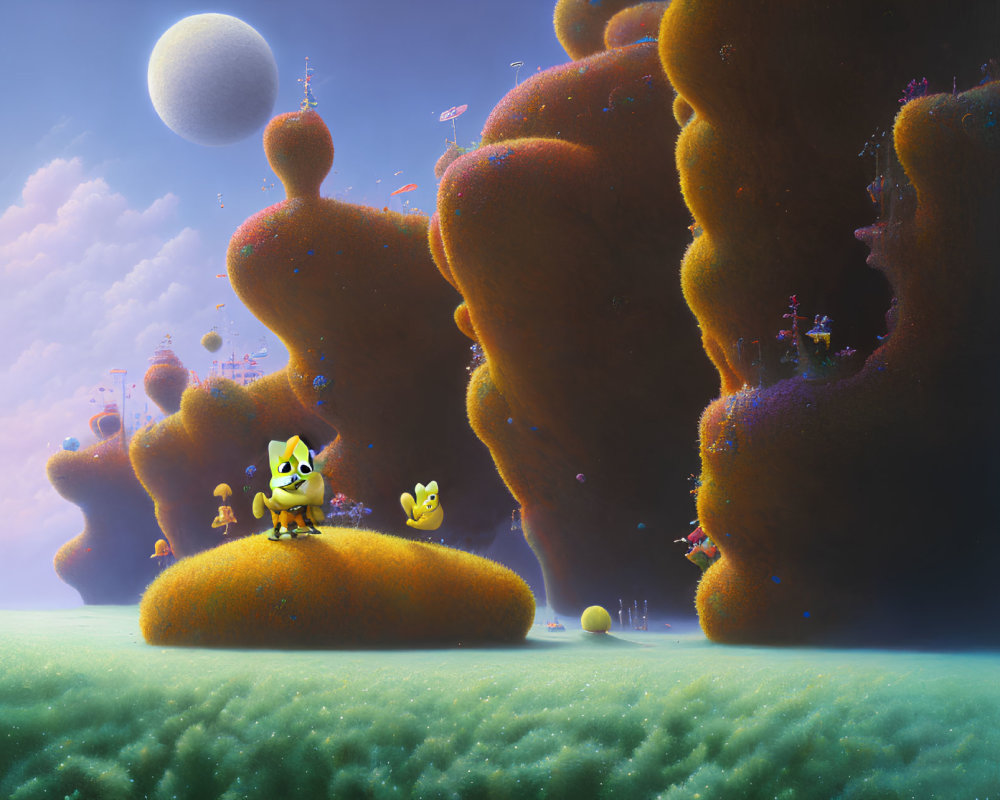 Colorful alien landscape with orange trees, yellow creature, and moonlit sky