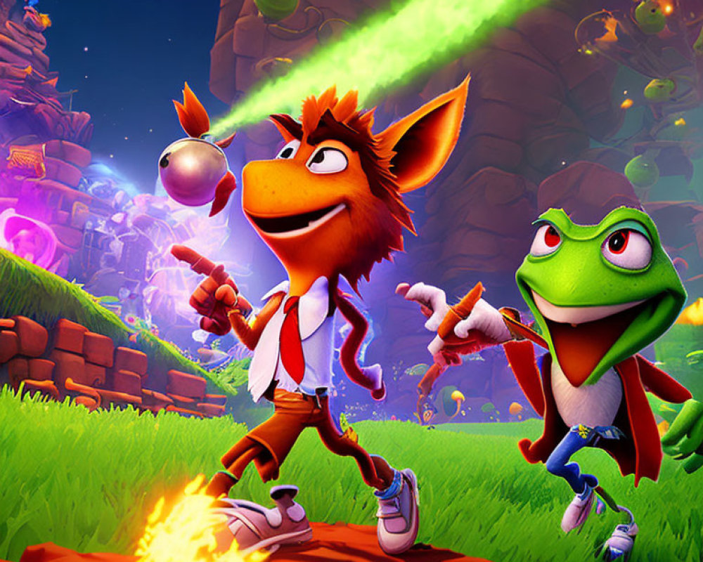 Colorful Crash Bandicoot and green character in dynamic otherworldly scene.