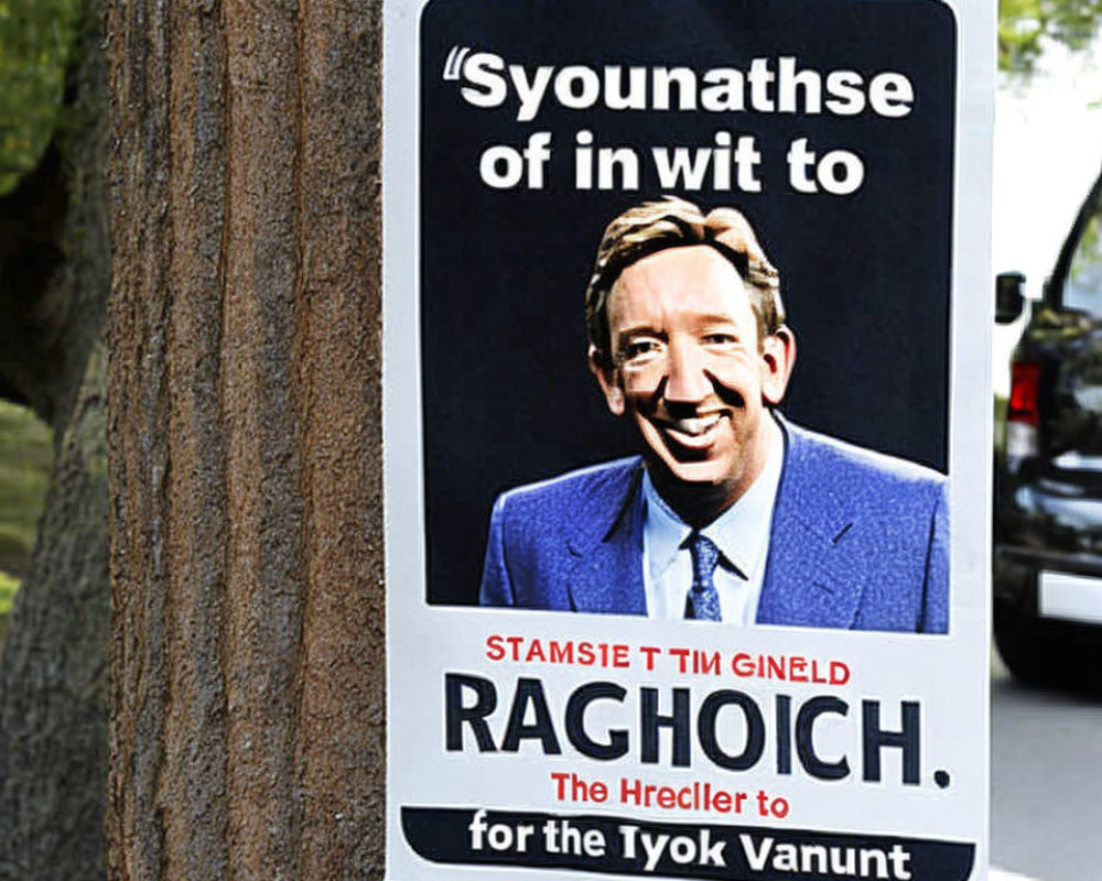 Smiling man endorsed for position with slogan on tree poster