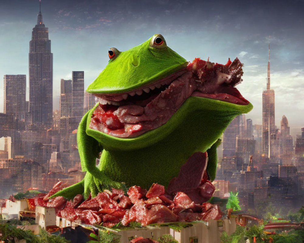 Giant frog with meat chunks in city skyline with famous skyscrapers