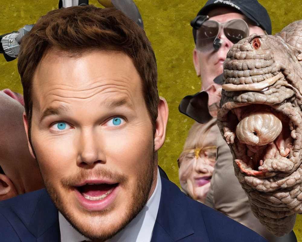 Blue-eyed man surprised, open-mouthed creature, two people in background, collage with yellow backdrop