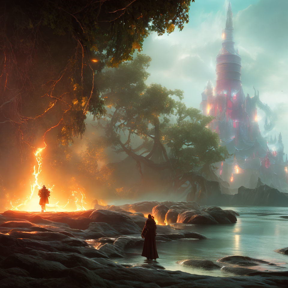 Mysterious cloaked figure on rocky shore gazes at glowing tower and fiery portal in ethereal forest