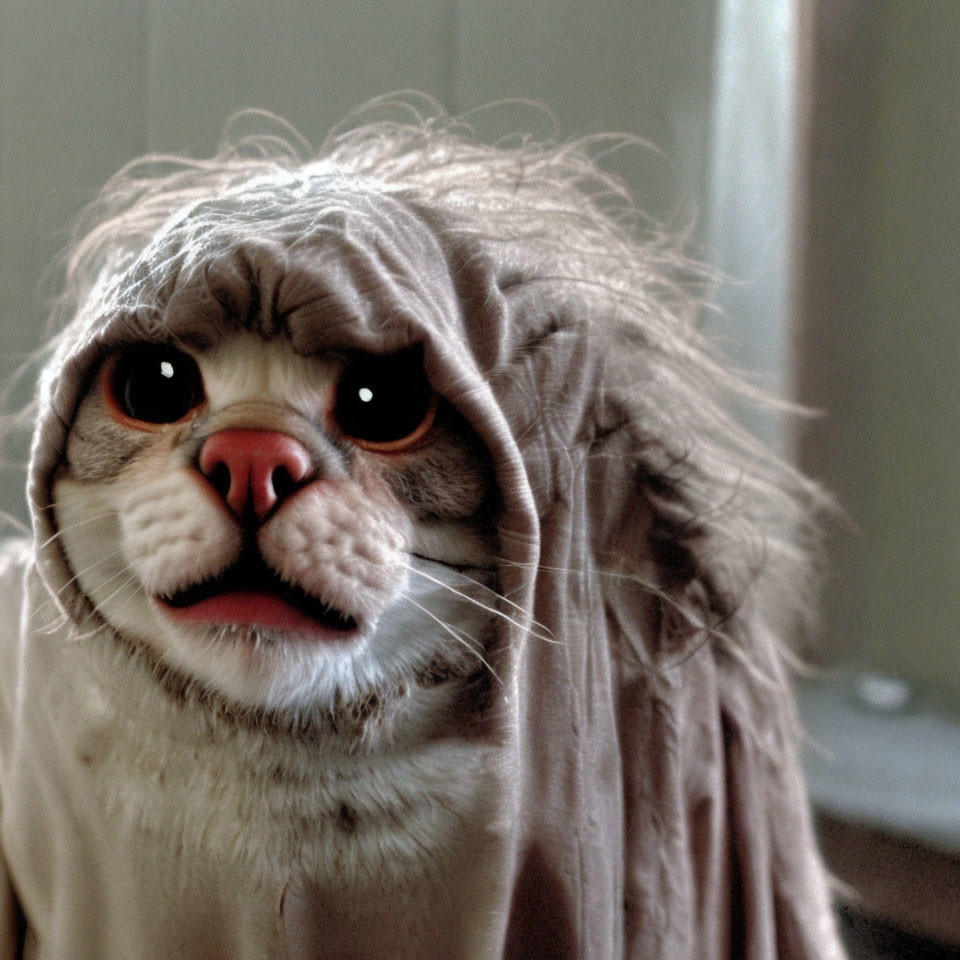 Disgruntled cat under beige towel with mane-like look