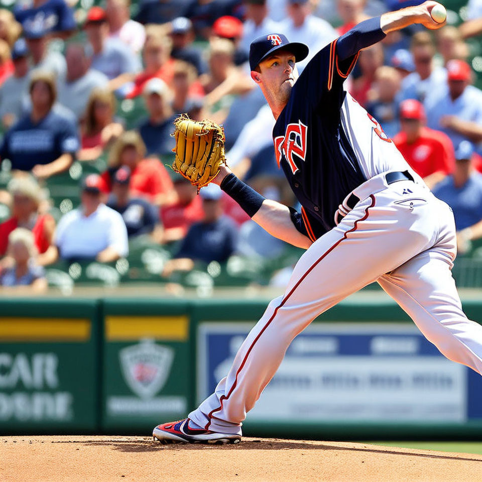 Baseball pitcher in red and navy uniform mid-throw.