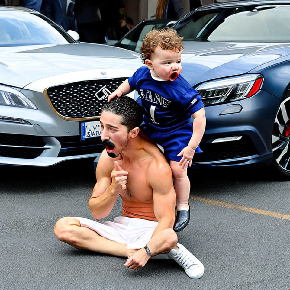 Bearded man pretends to be a horse for toddler on street with luxury cars