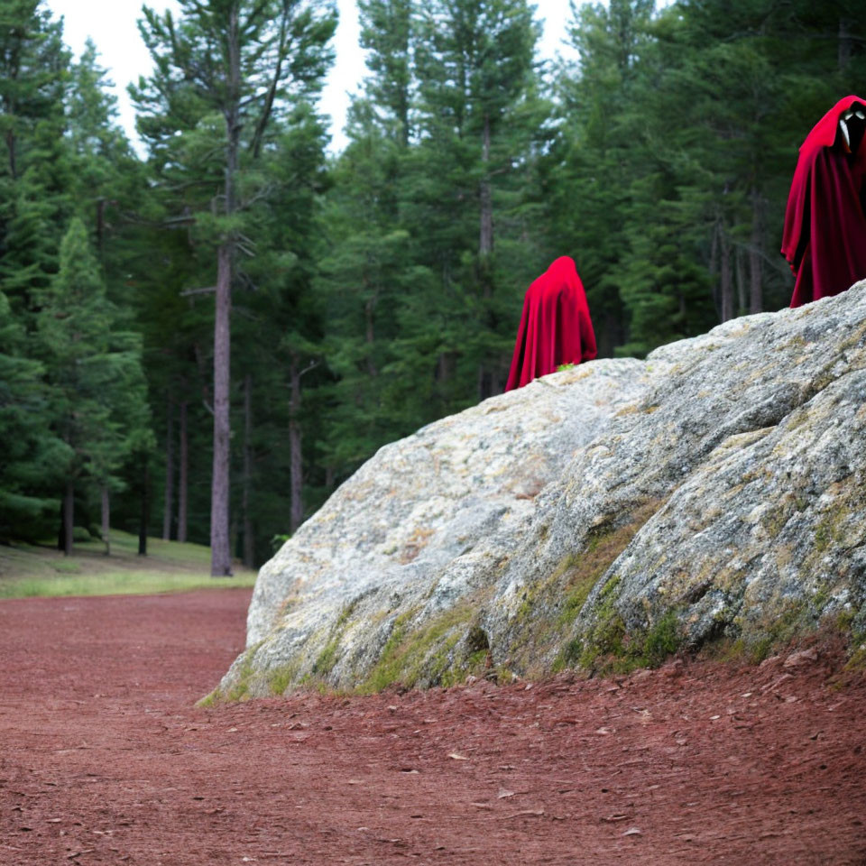 Red-cloaked figures on forest path with large rock