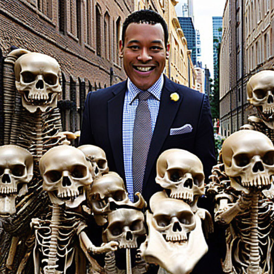 Smiling person in suit with skeleton figures in urban alleyway