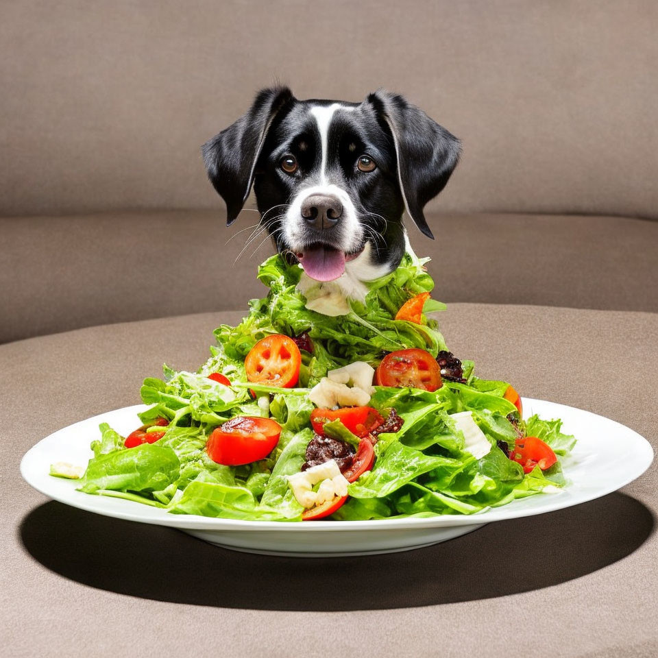 Dog's head photomanipulated on garden salad with tomatoes and greens on white plate