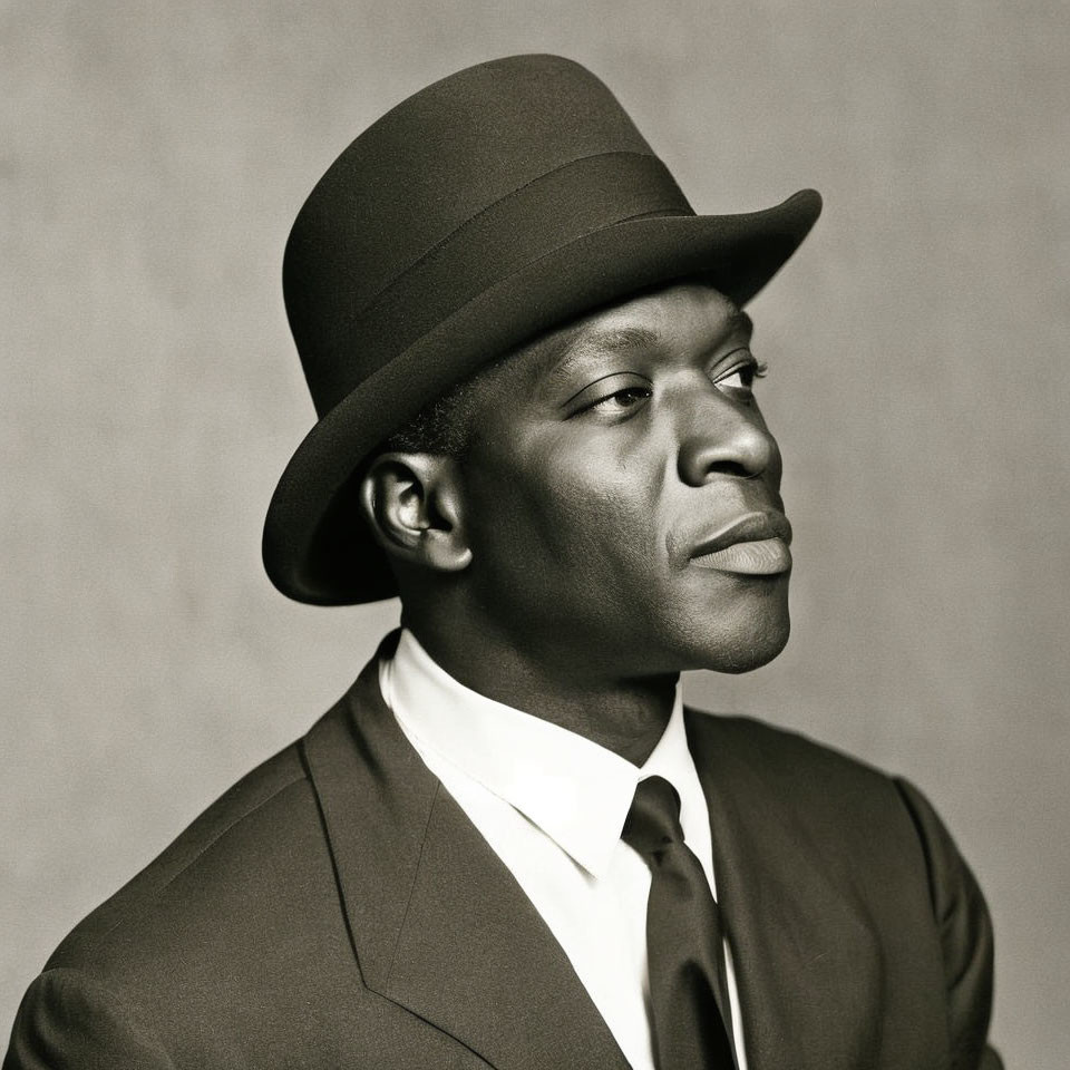 Monochrome portrait of a serious man in suit and hat