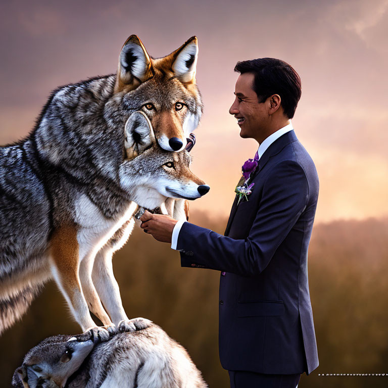 Man in suit interacting with large wolf under twilight sky