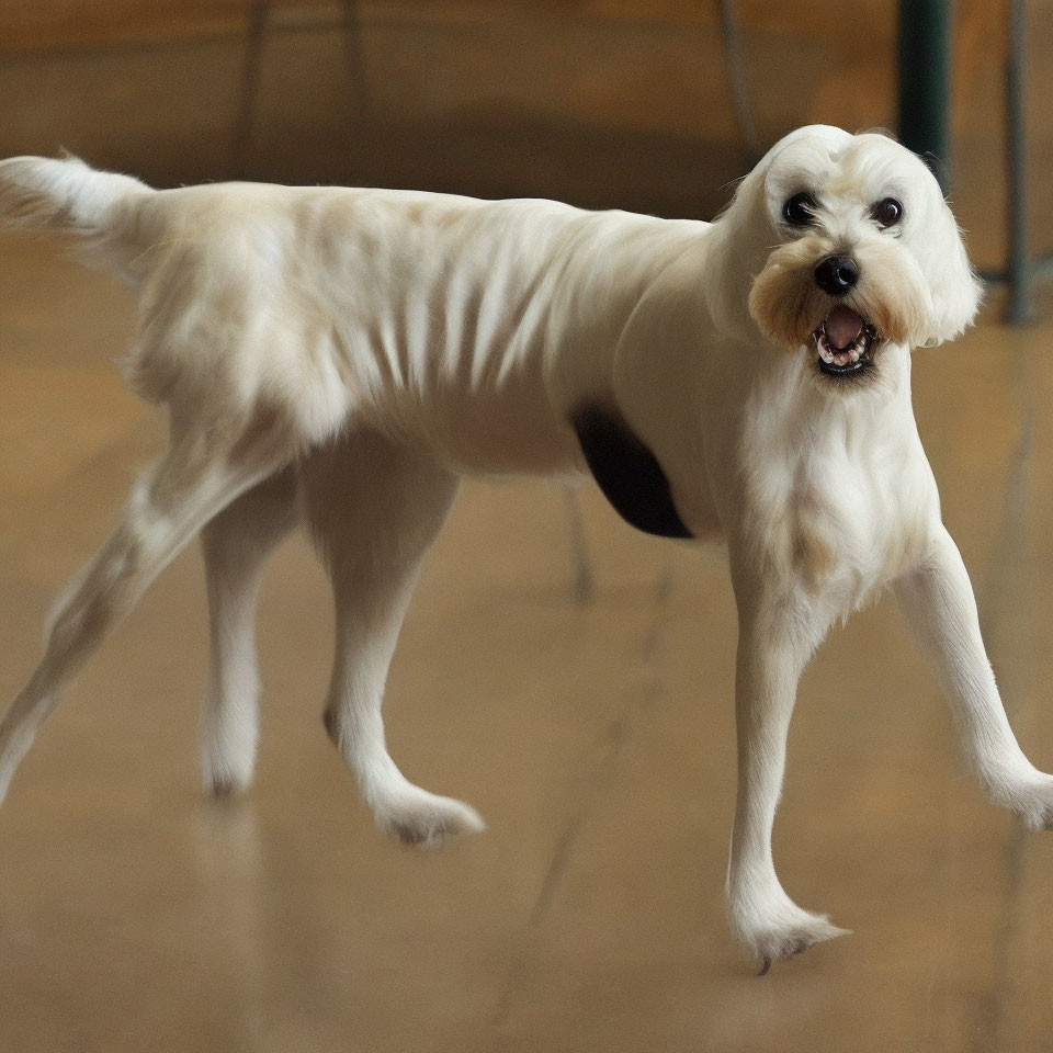 White Dog with Black Spot Holding Ball Indoors