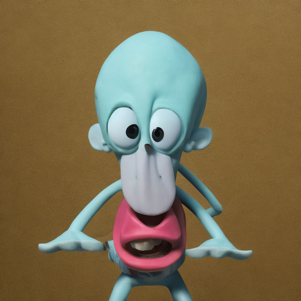 Blue animated character with oversized eyes and pink mouth on brown background