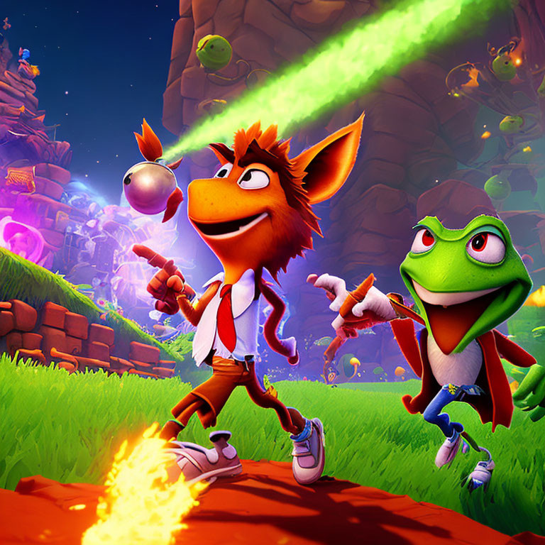 Colorful Crash Bandicoot and green character in dynamic otherworldly scene.