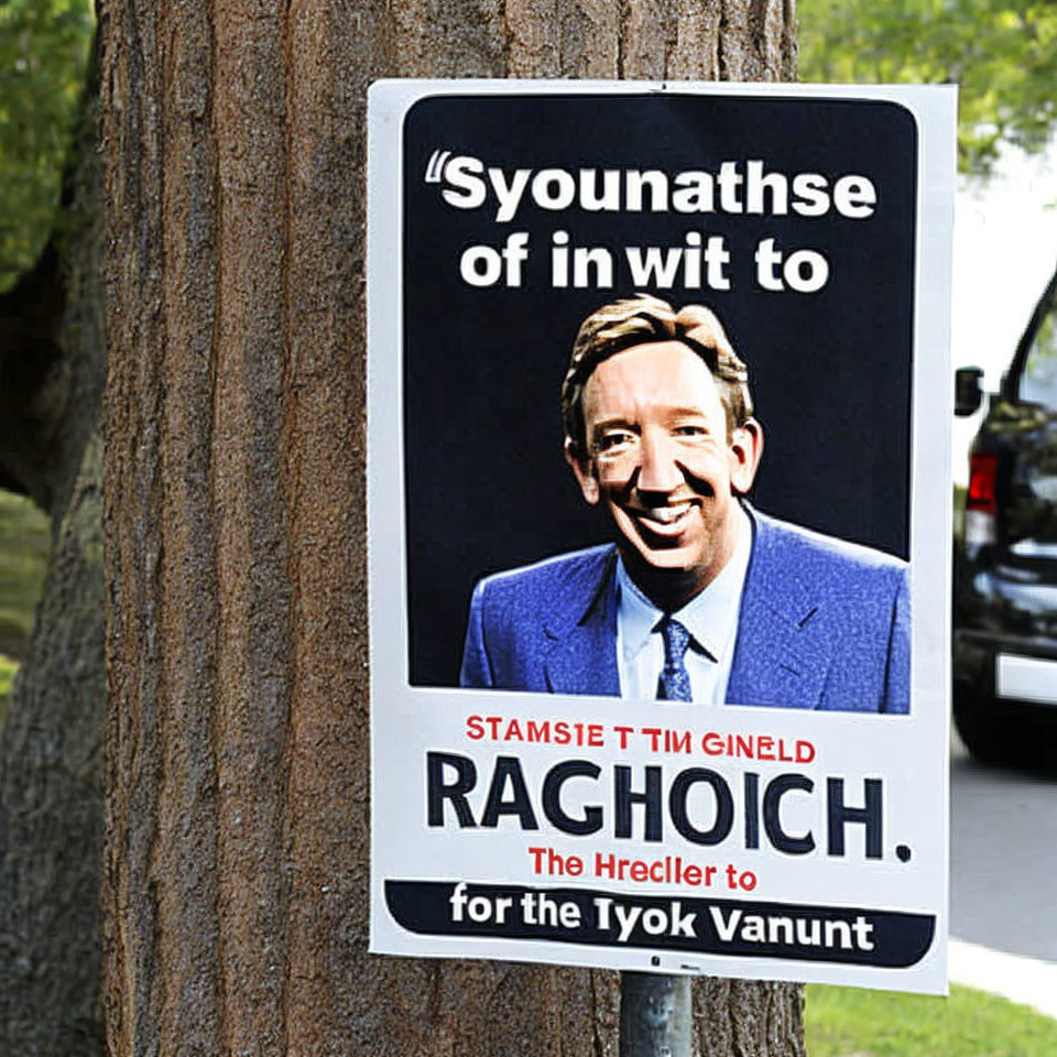 Smiling man endorsed for position with slogan on tree poster