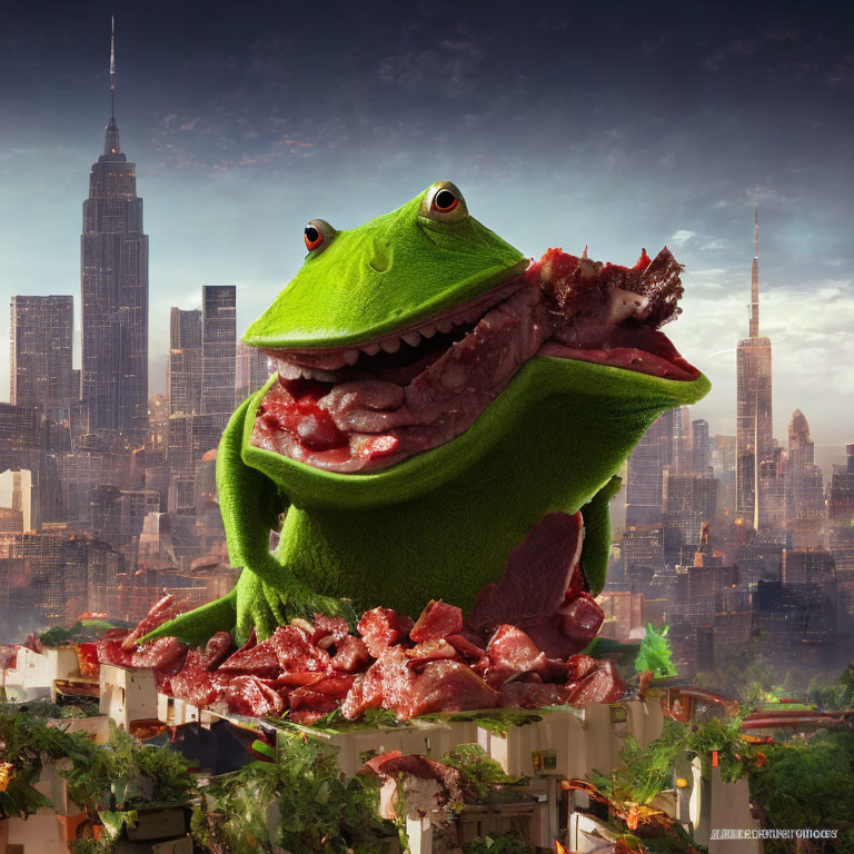 Giant frog with meat chunks in city skyline with famous skyscrapers