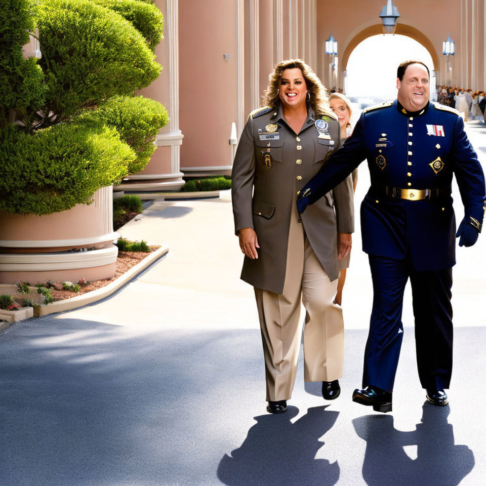 Military personnel in uniform walking by manicured hedges and building.