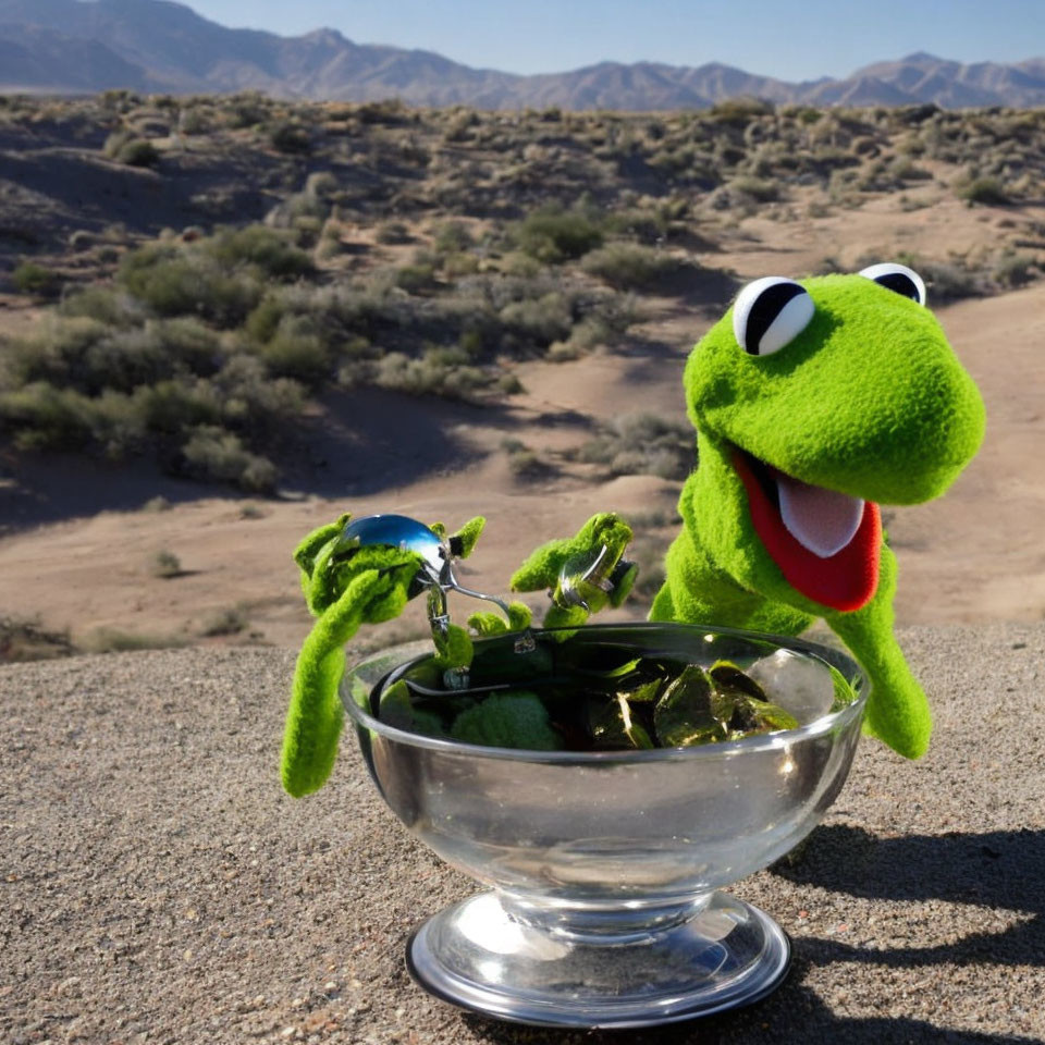 Kermit the Frog plush toy bathing in desert setting