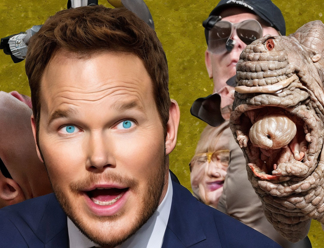 Blue-eyed man surprised, open-mouthed creature, two people in background, collage with yellow backdrop