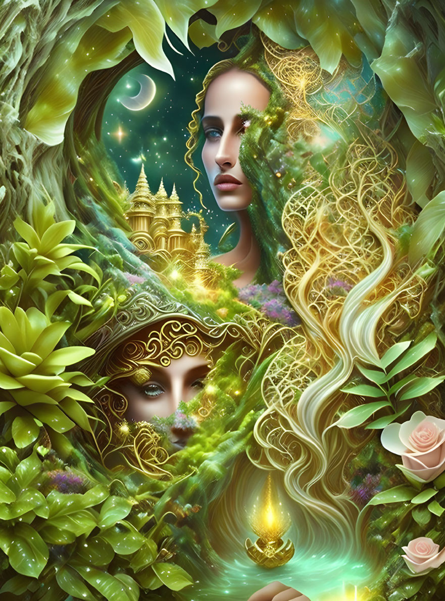 Ethereal female faces entwined in lush greenery and celestial elements