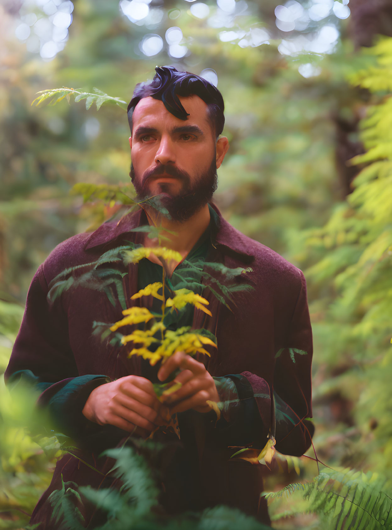 Bearded man in brown coat holding yellow flowers in forest landscape