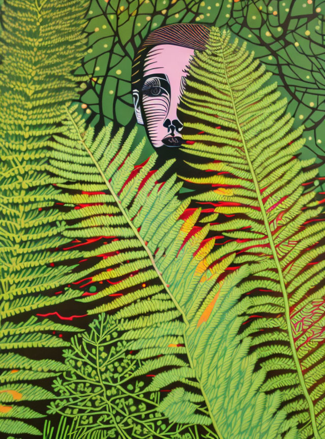 Detailed artwork: Hidden human face behind green fern leaves on decorative background