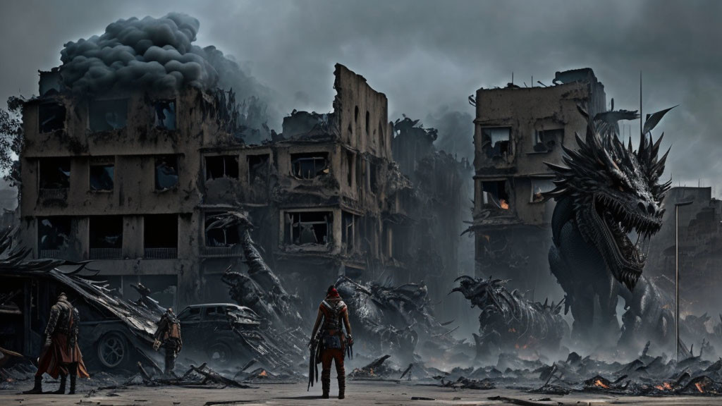 Person facing dragon in dystopian ruins with burnt vehicles under smoky sky