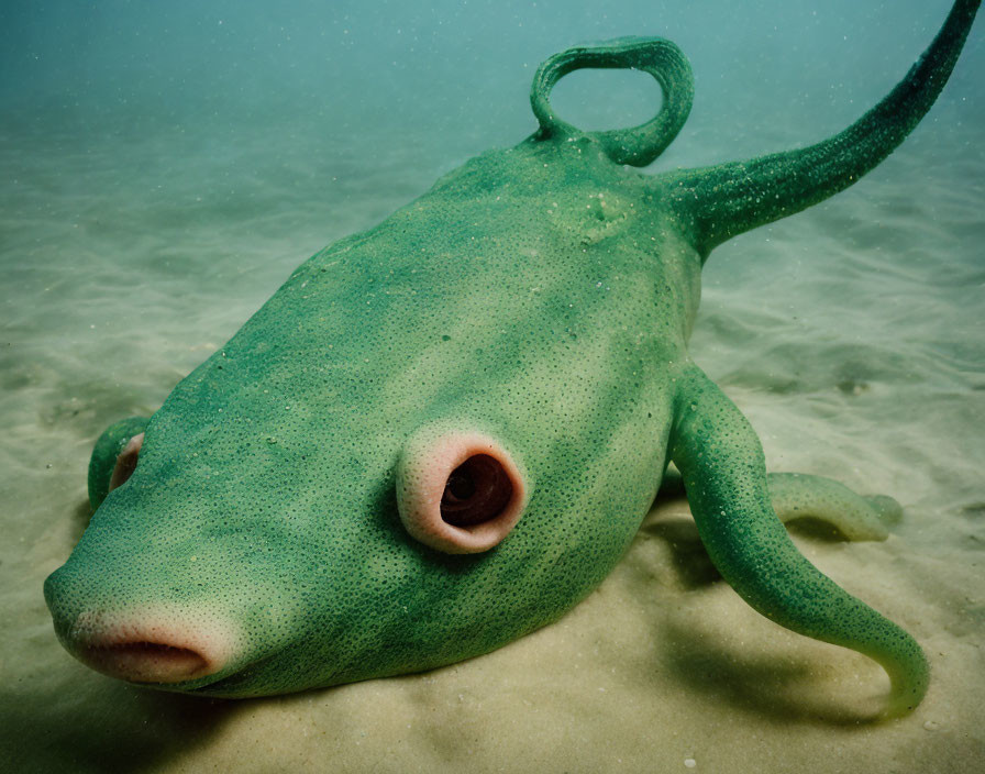 Green underwater creature with unique fin and tail on ocean floor