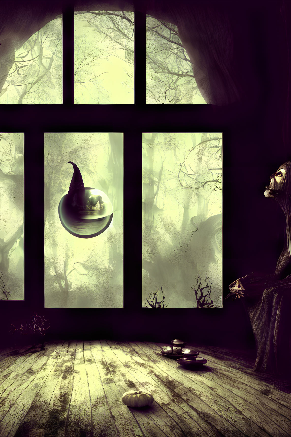 Mysterious witch scene with floating hat, forest view, and mystical ambiance