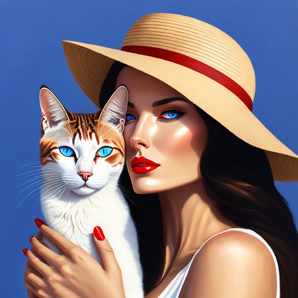 Illustration of woman and cat with matching eye color on blue background