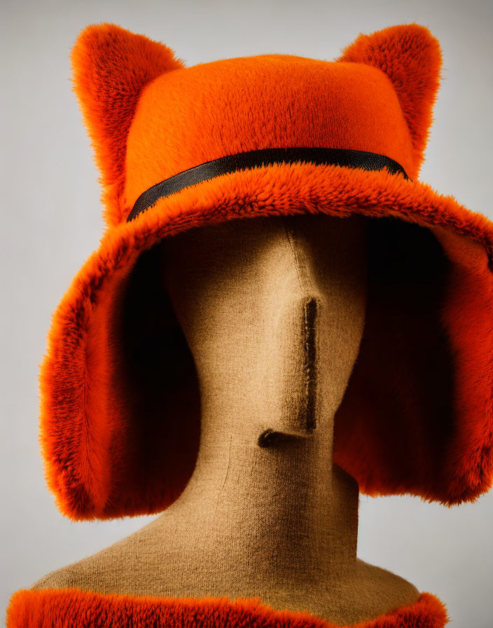 Orange Plush Hat with Ear Flaps and Black Detailing on Mannequin Head