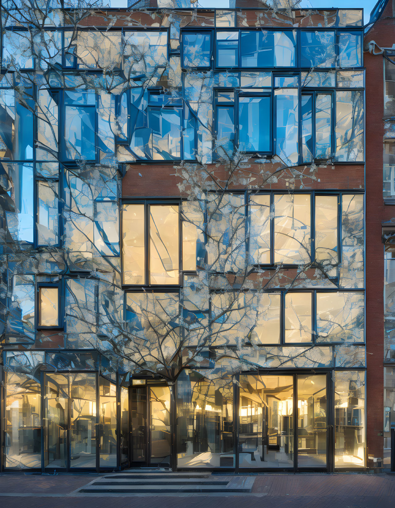 Modern building with reflective glass windows and bare tree branches against twilight sky