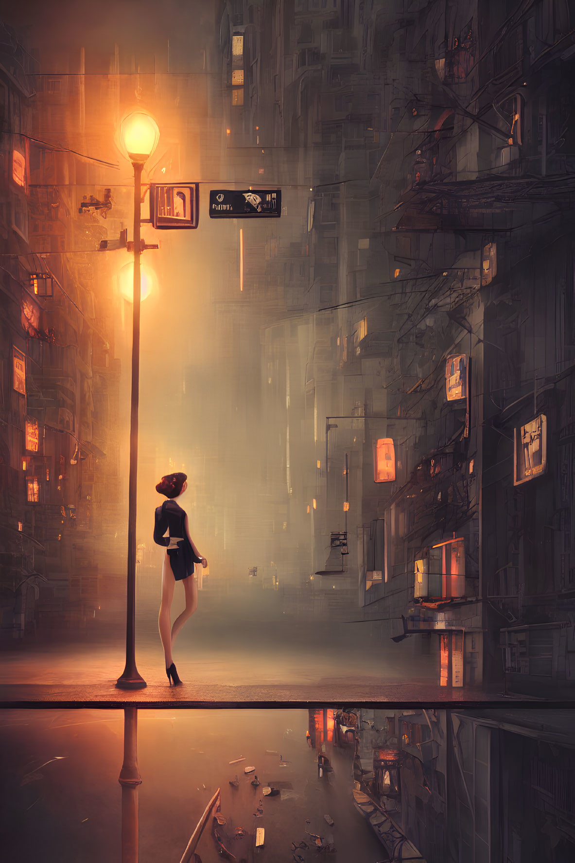 Woman standing on wet street at dusk among tall buildings with glowing lights.