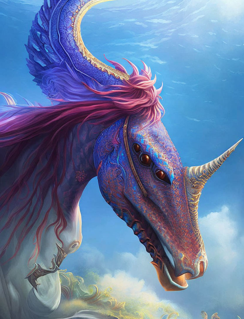 Blue dragon with intricate scales and majestic horn against serene sky.