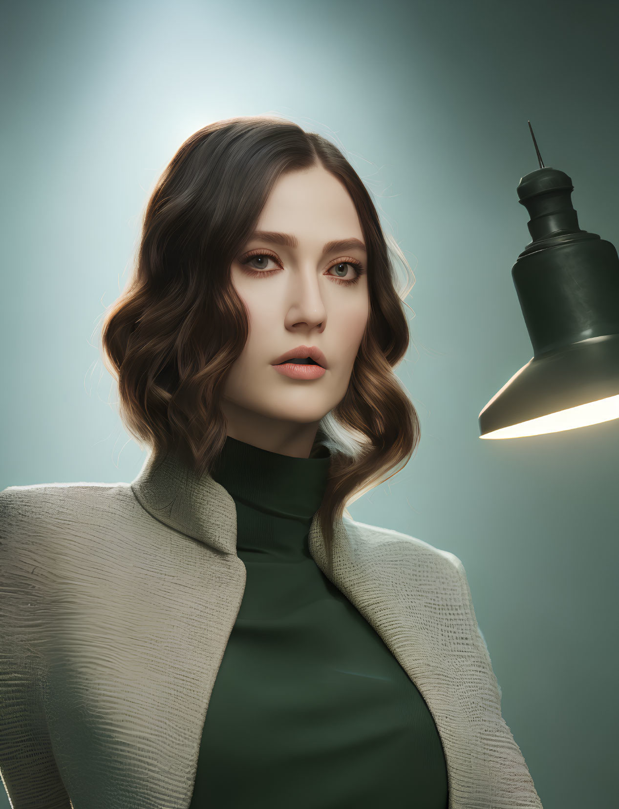 Woman with wavy chestnut hair in green blouse under hanging lamp