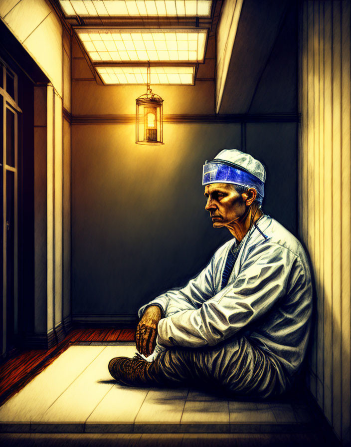 Hospital Surgeon Resting on Floor in Corridor