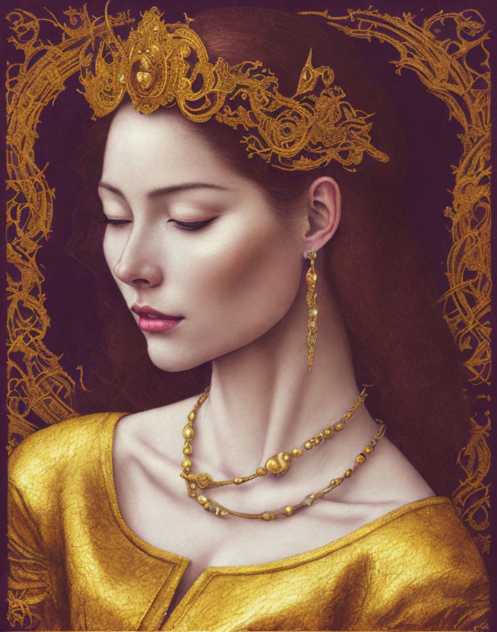 Profile of woman with ornate gold headdress and jewelry on dark background