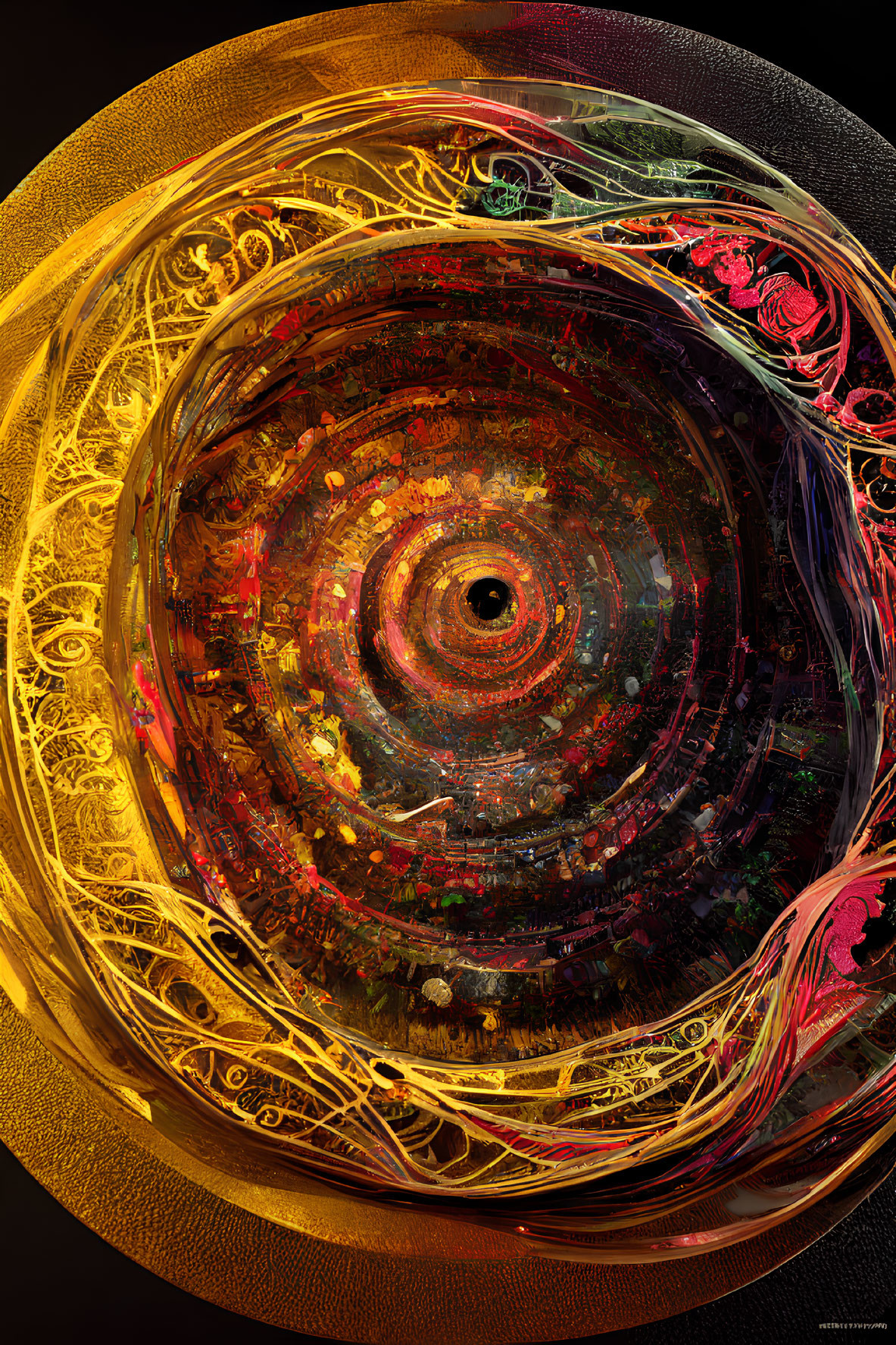 Colorful Circular Swirling Patterns Artwork in Gold, Red, and Black