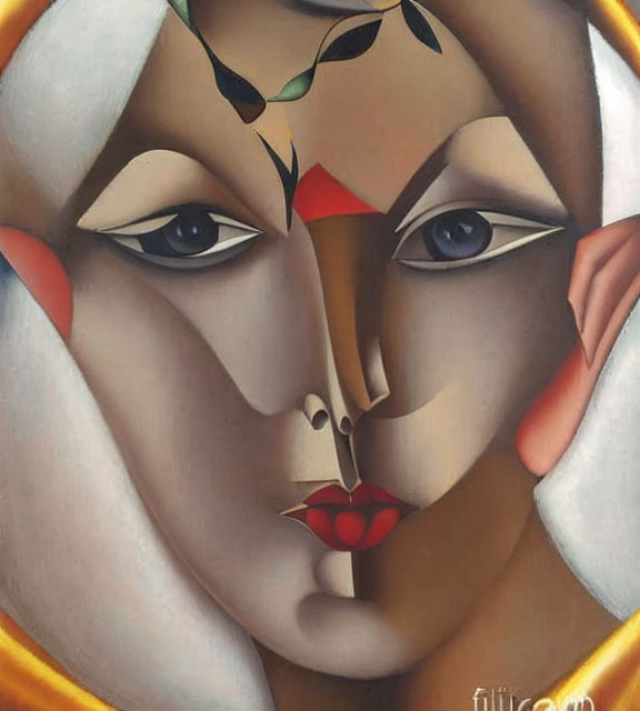 Abstract face art with multiple eyes and noses, fusion of elements, neutral tones, red lips