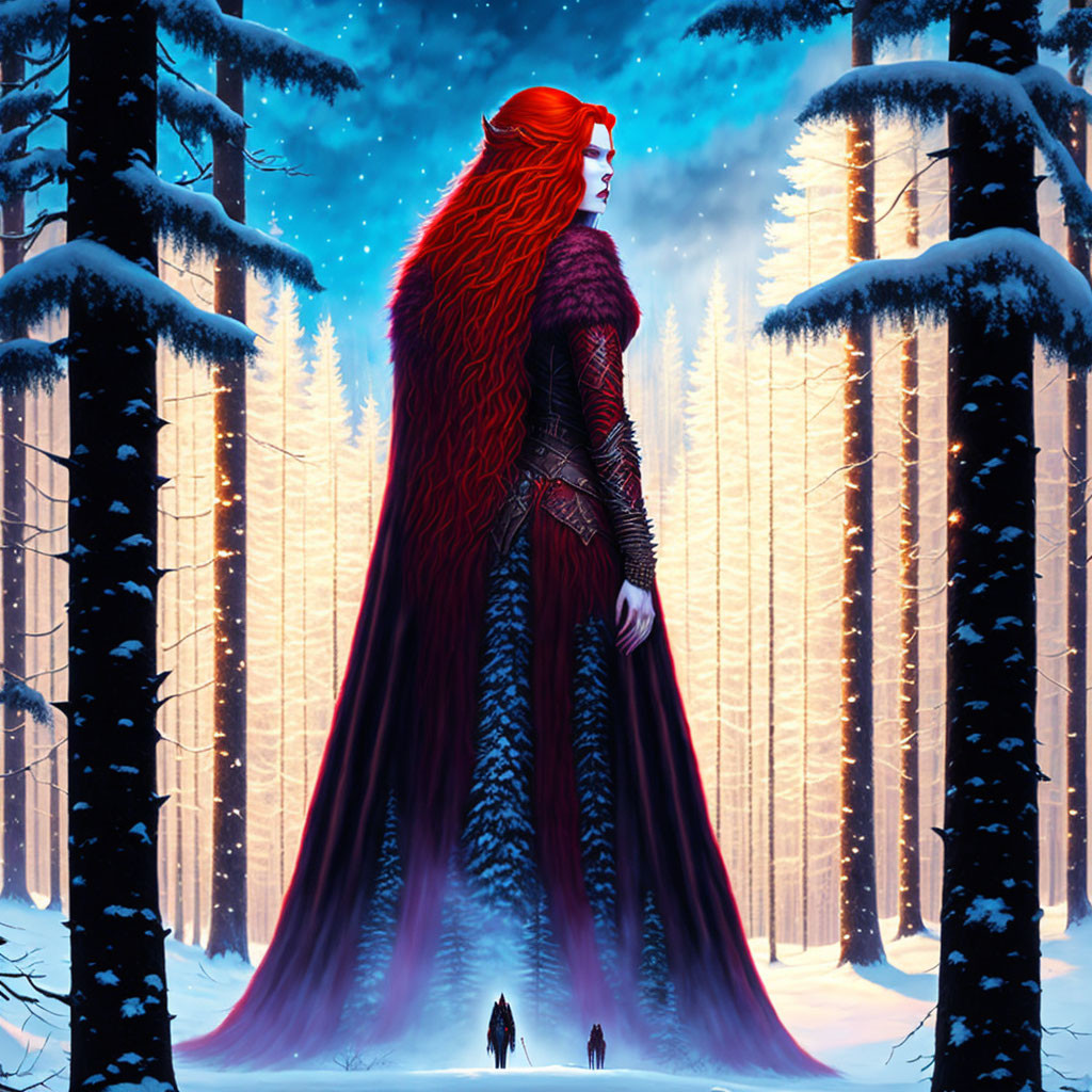 Red-haired woman in dark cloak with wolves in snowy forest under twilight sky